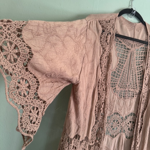 The Unbranded Brand Other - crochet kimono robe taupe tan beige long oversized bell sleeve open medium large